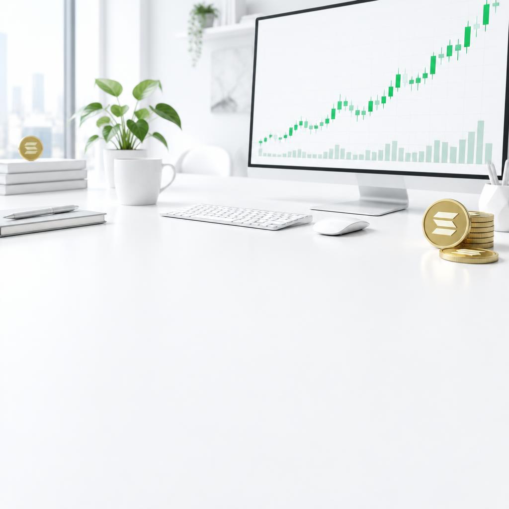 Bright minimalist trading desk with a rising green candlestick chart and gold Solana coins